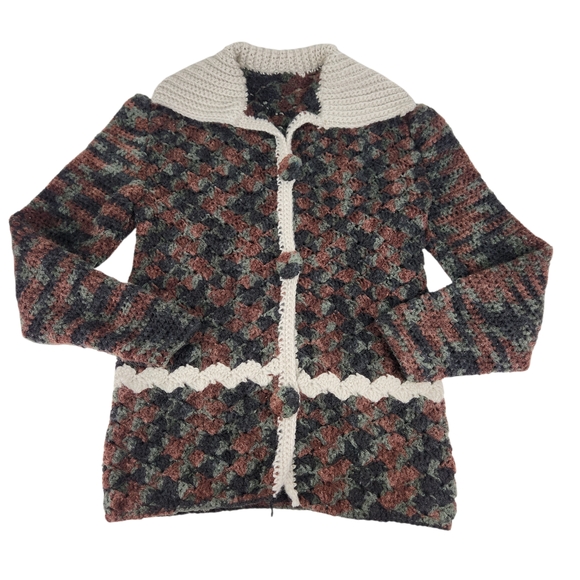 Sweaters - Handmade Vintage Crocheted Knit Cardigan Brown Green Granny Grandmacore XL